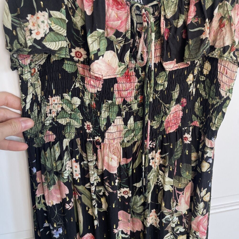 Zara Women's Flowy Ruffle Smocked Midi Dress Size S Strapless Dark Floral Boho - Picture 6 of 14